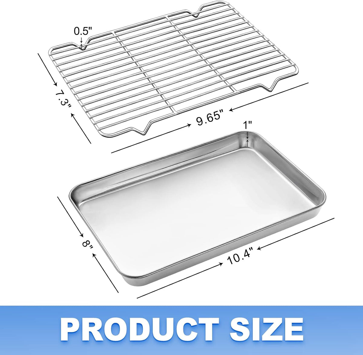 Baking Sheet with Cooling Rack (1 Cookie Sheet + 1 Baking Rack), Stainless Steel Small Baking Sheet Pan with Wire Rack, Toaster Oven Pans Size 10.4 x 8 x 1 Inch, Non-toxic &amp; Heavy Duty &amp; Non-stick