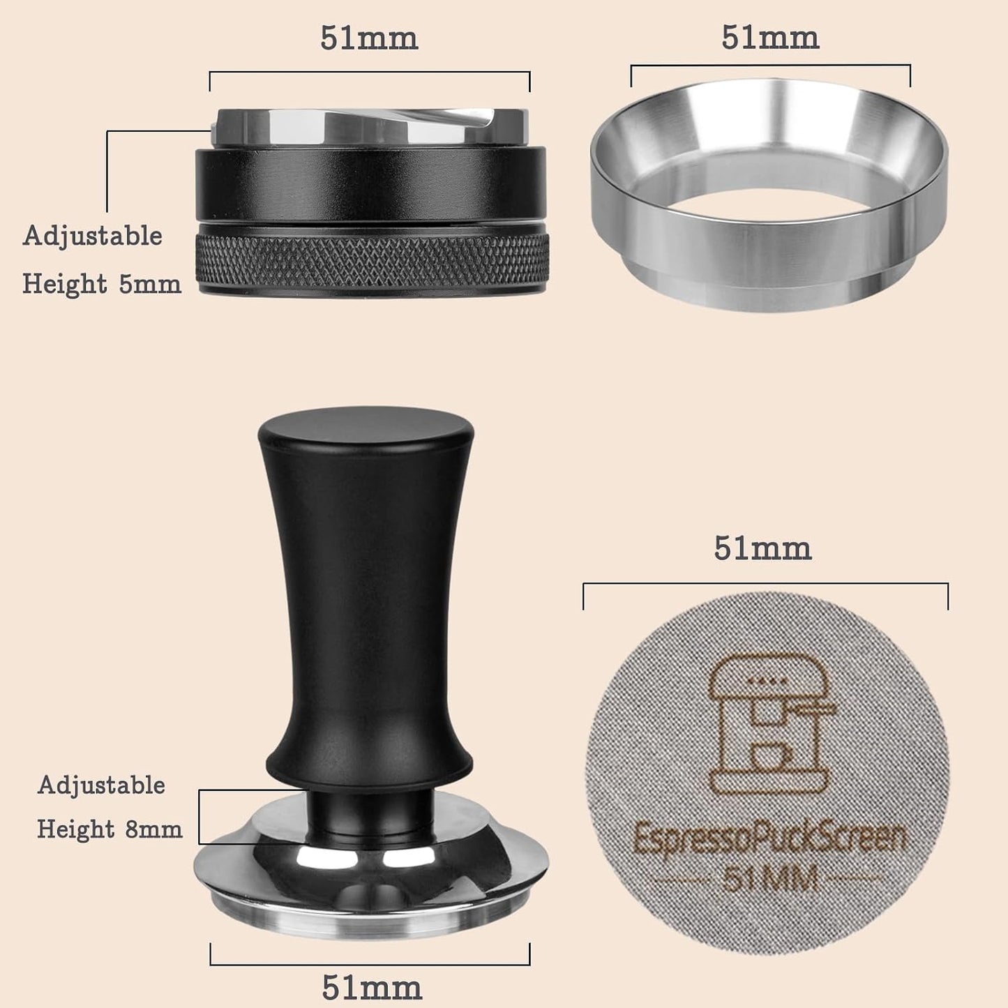 51mm Espresso Tool Kit, Coffee Tamper, Distributor, Funnel, Puck Screen