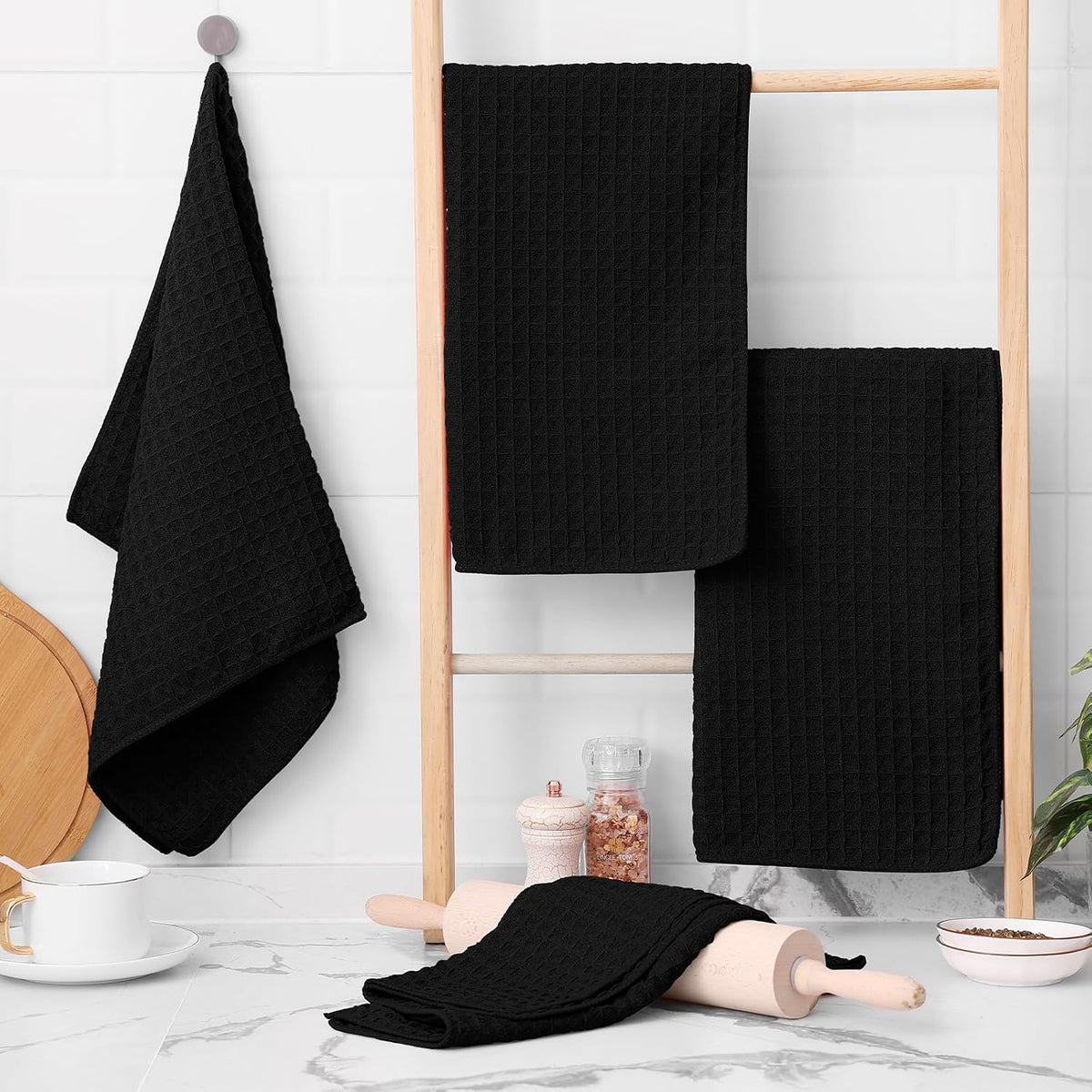 Homaxy Microfiber Waffle Weave Kitchen Towels, 6 Pack, Black