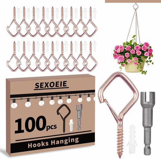 100 PCS Rose Gold Eye Screw Hooks for Hanging Heavy Duty with Safety Buckle.Metal Ceiling Hooks for Hanging Plants Cup Wind