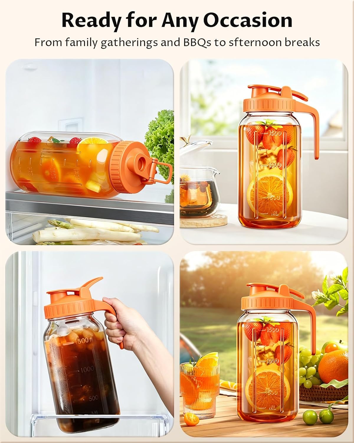 64oz (2quart) Mason Jar Pitcher, Glass Pitcher with Lid for Tea &amp; Cold Brew | BPA Free, Leakproof, Fridge/ Dishwasher safe, Ergonomic handle, Flip-cap pour spout, Wide mouth, Versatile