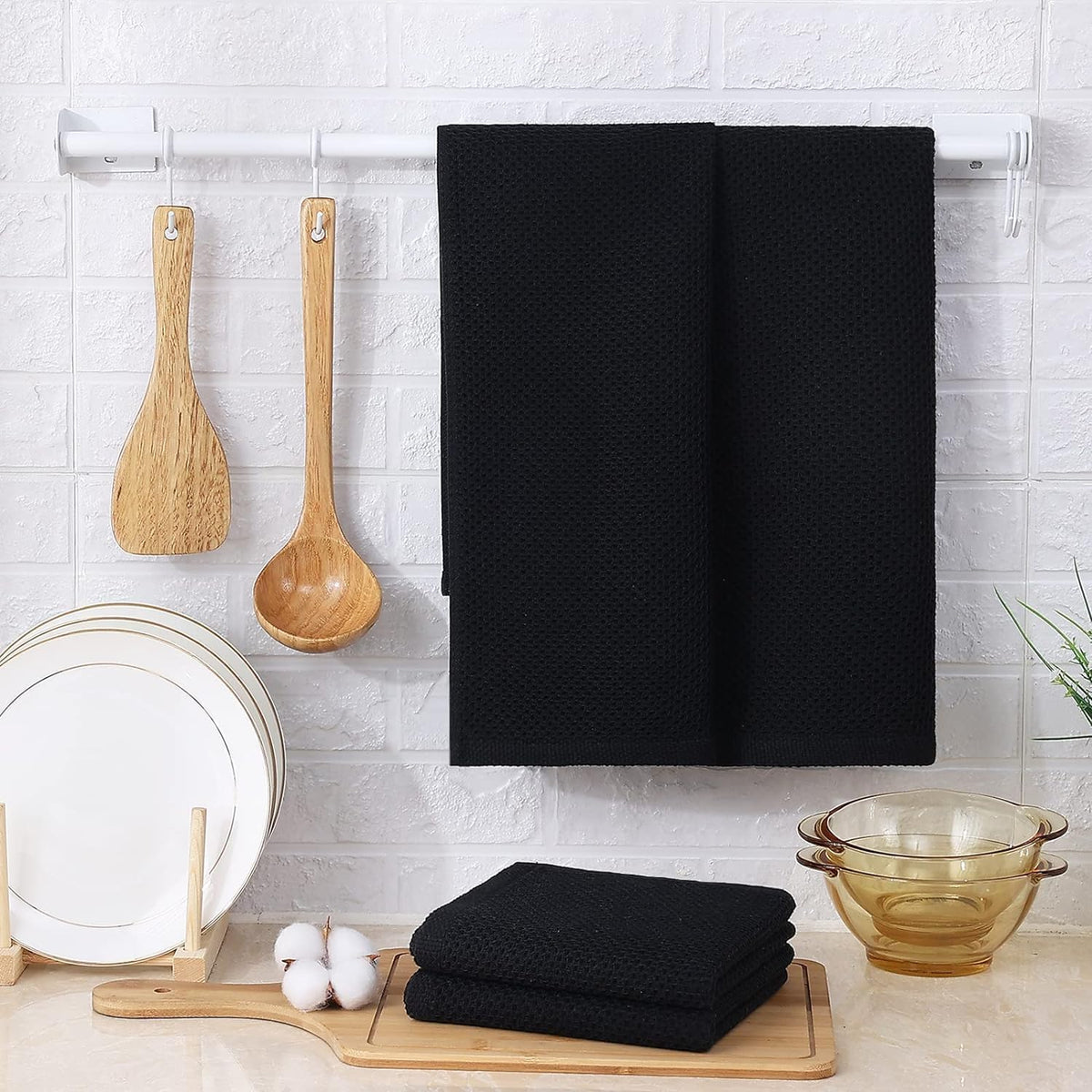 Kitinjoy 100% Cotton Waffle Weave Kitchen Towels, 12-Pack Super Soft and Absorbent Kitchen Dish Towels for Drying Dishes, Kitchen Hand Towels, 13 in x 28 in, Black