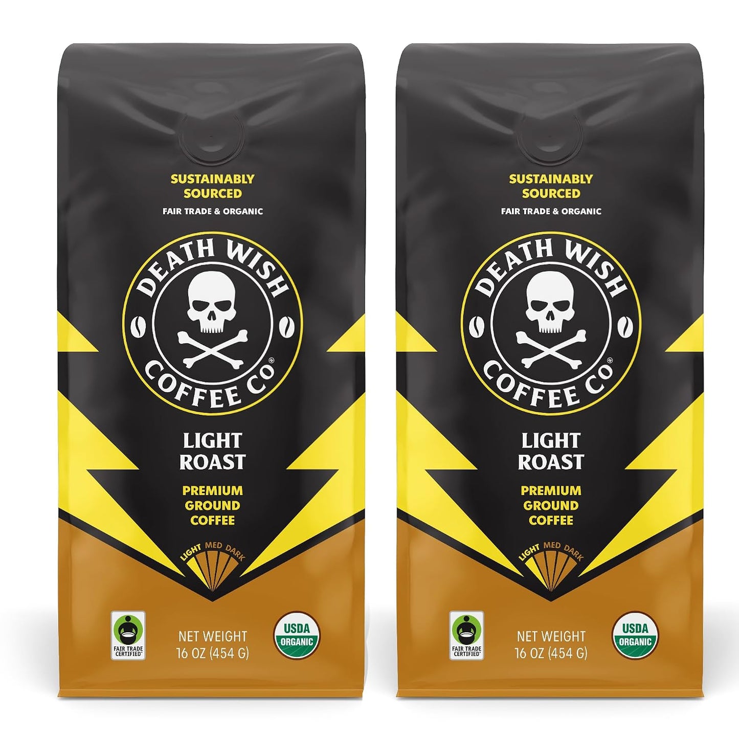 Death Wish Coffee Organic Light Roast Ground Coffee, 1 lb (2 Pack) | Fair Trade Arabica &amp; Robusta, Agave &amp; Golden Raisin Notes, Bold &amp; Bright, Bulk 2-Pack, Drip &amp; Pour Over
