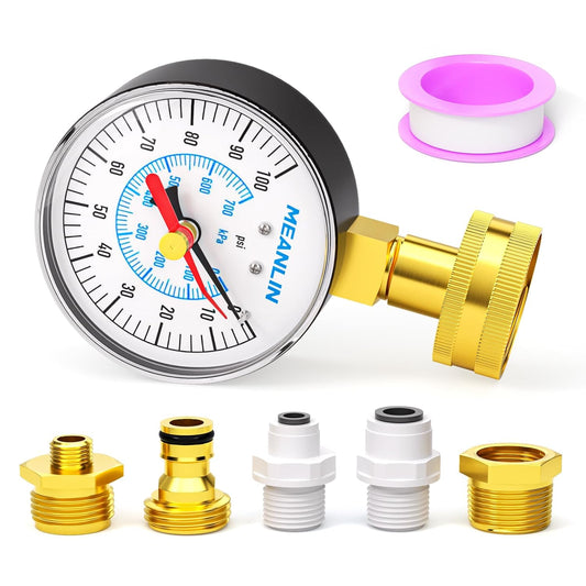 MEANLIN MEASURE 0~100Psi 3/4" Female Water Pressure kit Plus 5 adapters, 2.5" FACE DIAL Multi-Purpose Pressure Gauge kit
