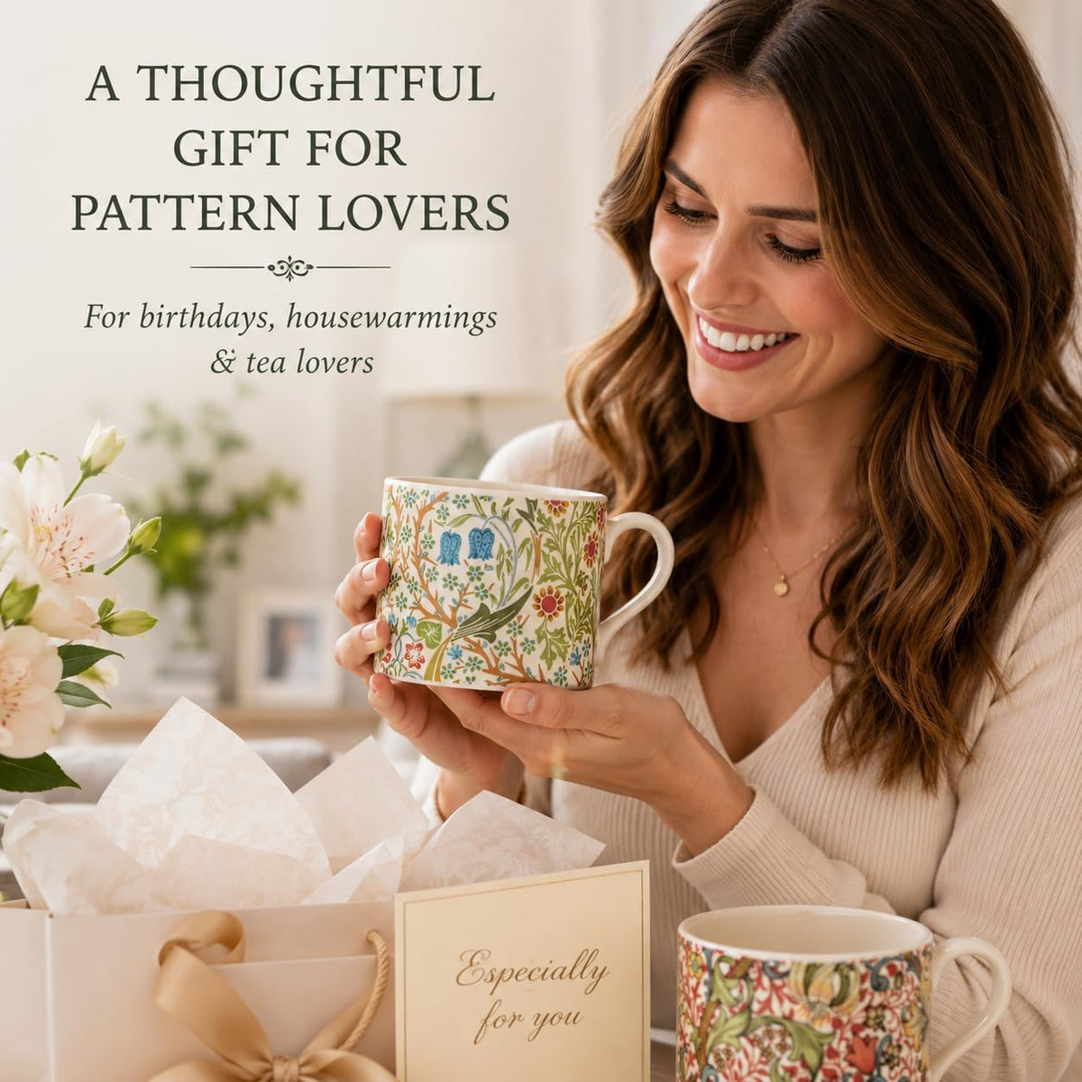 Spode Morris &amp; Co Porcelain Mugs, Set of 2 - 12oz Microwave and Dishwasher Safe Tea &amp; Coffee Cups for Kitchen Countertop or Home Brew Coffee Station, Great Gift for Mothers (Blackthorn &amp; Golden Lily)