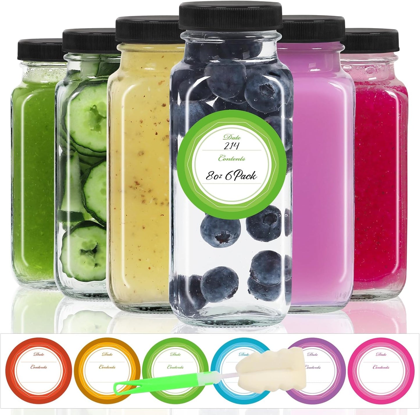 STARSIDE 8 oz Glass Juice Bottles with Lids 6 Pack - Square Reusable Drinking Jars for Juicing, Milk