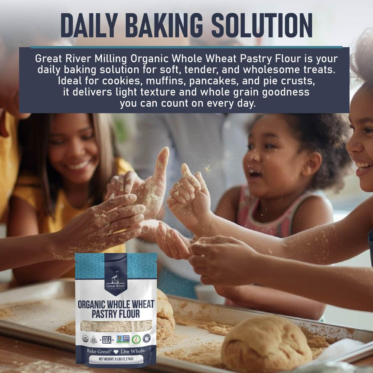 Great River Milling Organic Whole Wheat Pastry Flour, 5 lb | Organic Whole Wheat Pastry Flour for muffins, cookies, cakes, scones, biscuits, pancakes and pie crust; soft lower-gluten