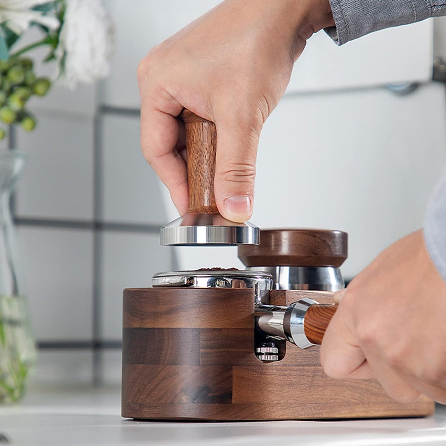 MOJAE 53mm Espresso Tamper, Coffe Tamper, Espresso Press Tool with 304 Stainless Steel Flat Base and Walnut Wooden Handle for Barista Espresso Machines, Fits for Breville Series 54mm Portafilter