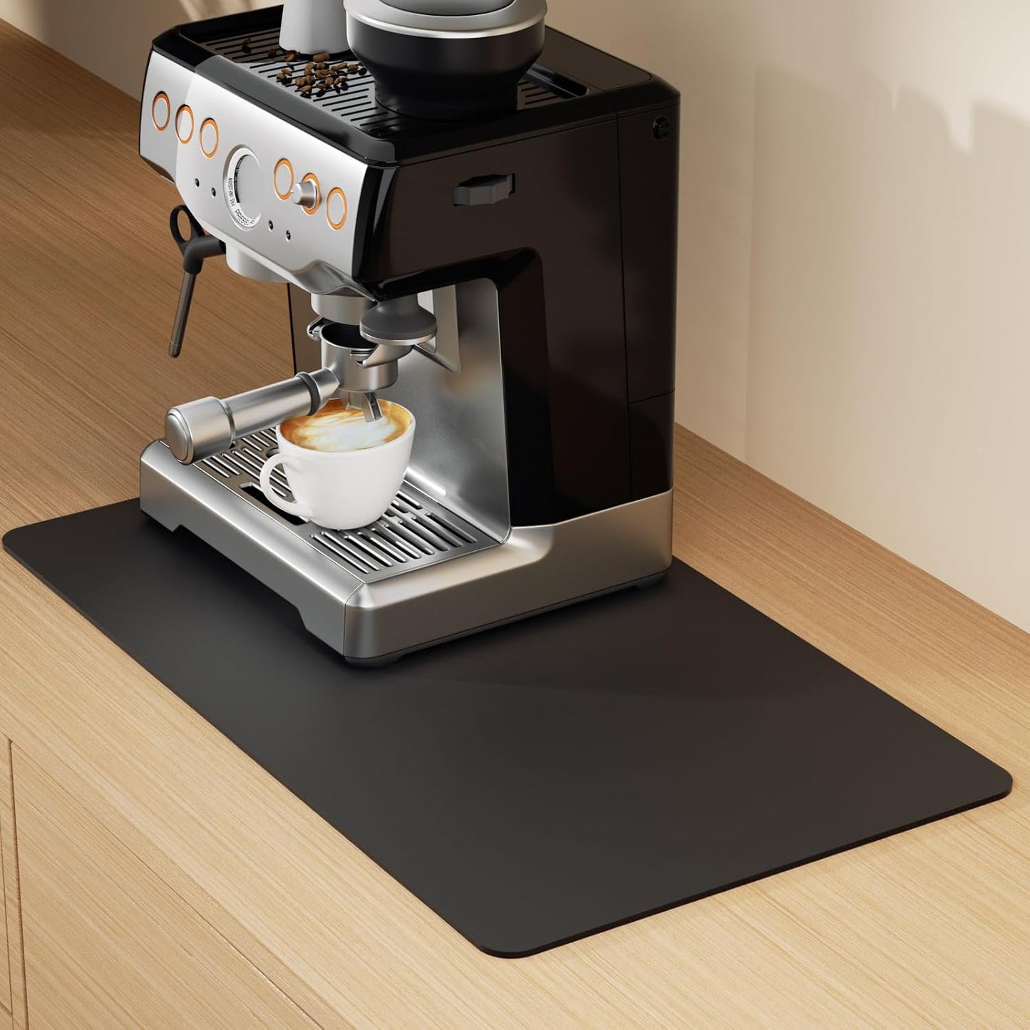 Coffee Mat Hide Stain Rubber (Black, 40cm×60cm), Coffee Bar Accessories Fit Under Espresso Machine CoffeeMaker Coffeepot, Backed Absorbent Dish Drying Mat for Kitchen Counter (Black, 16"x24")