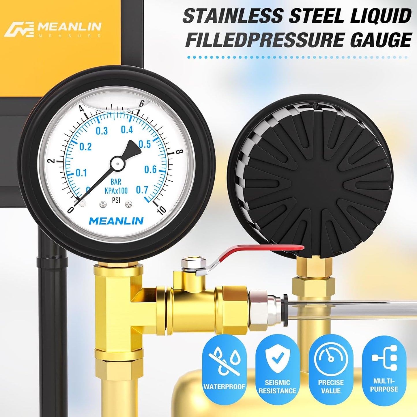 MEANLIN MEASURE 0~10Psi Stainless Steel 1/4" NPT 2.5" FACE DIAL Liquid Filled Pressure Gauge, Lower Mount (with Rubber Protective Sleeve), with 1/2" NPT and 3/8" NPT Hex Bushing