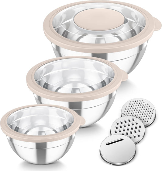 TeamFar Mixing Bowls, 3PCS Stainless Steel Serving Salad Bowls with Lids & 3 Graters, For Kitchen