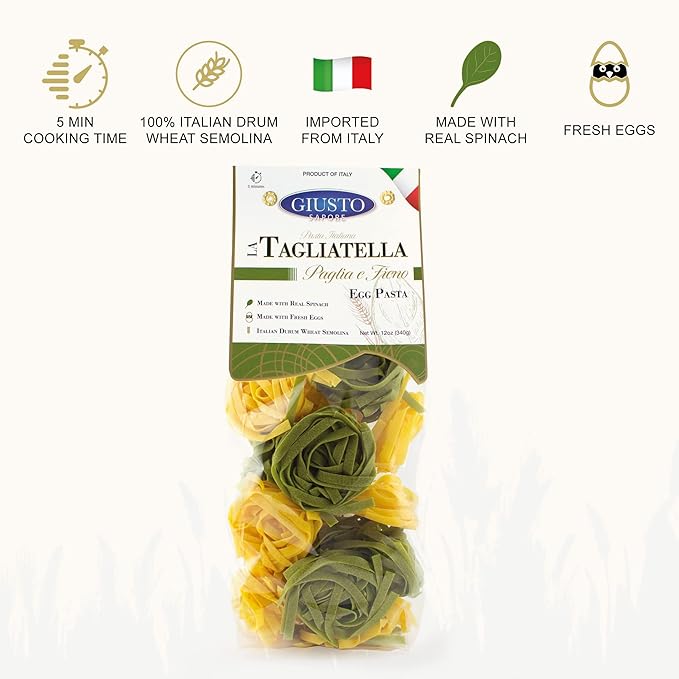 Giusto Sapore Italian Pasta - Egg 340g - Premium Bronze Drawn Durum Wheat Semolina Gourmet Pasta Brand - Imported from Italy and Family Owned (Paglia e Fieno, 6 Pack)