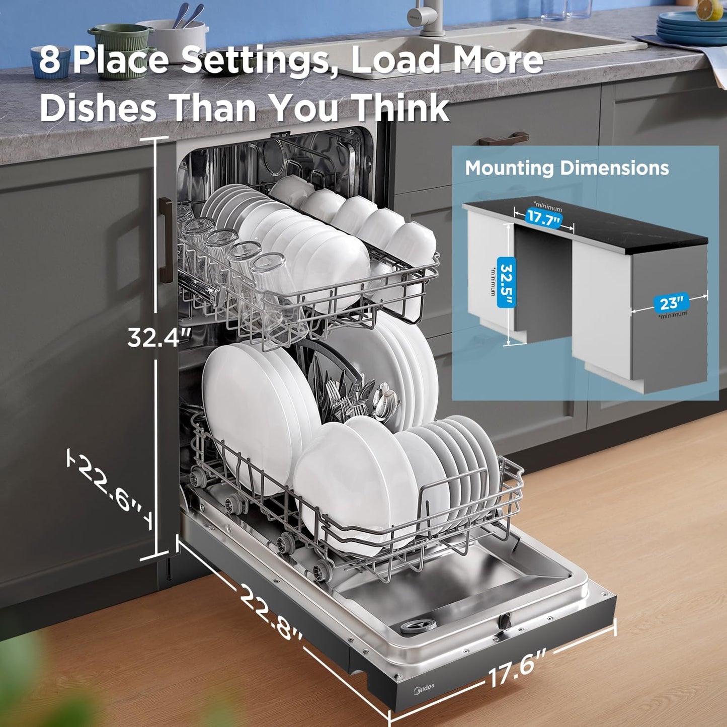 Midea 18 Inch Built-in Dishwasher, 8 Place Settings, Stainless Steel Tub | 6 Washing Cycles, Energy Star Certified with Heated Dry &amp; High-Temp Wash, Slim Quiet for Apartments, and RVs, Black