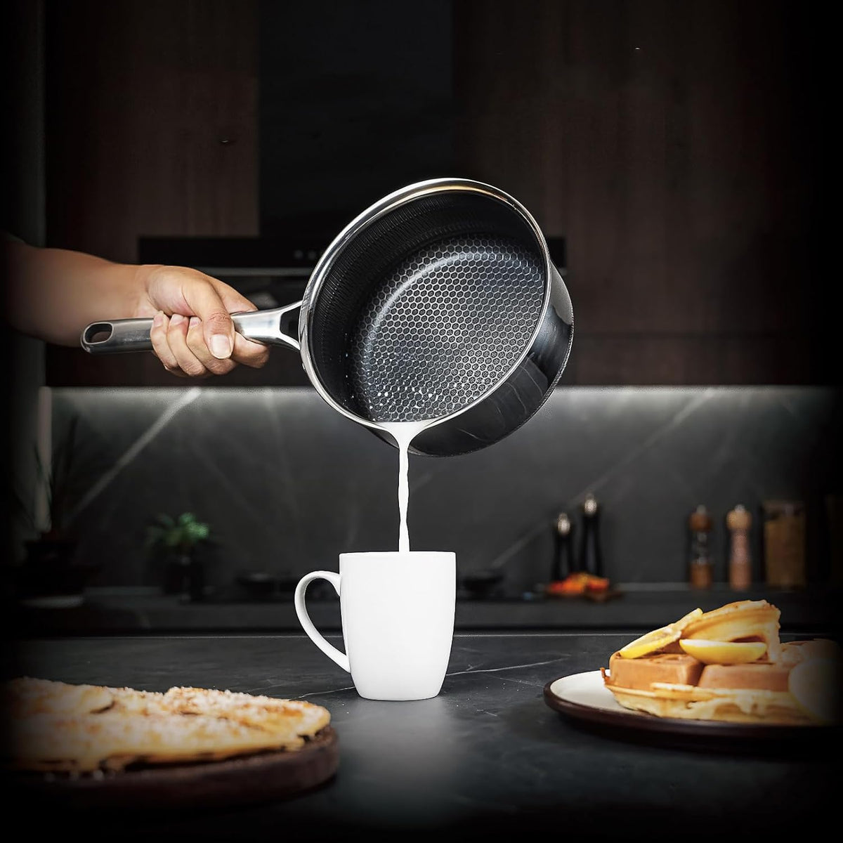 Hybrid Nonstick 1.5 QT Saucepan with Lid, Stainless Steel Honeycomb Pot with Two Pour Spouts,Compatible with All Cooktops,Dishwasher and Oven Safe