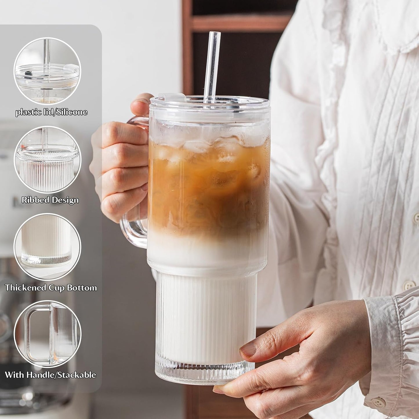 INSETLAN 24oz Glass Tumbler with Handle &amp; Lid – 2-Pack Large Iced Coffee Cups with Straws, Modern Glass Mug for Cold &amp; Hot Beverages, Aesthetic Glass Cups for Smoothies, Tea, and Juice