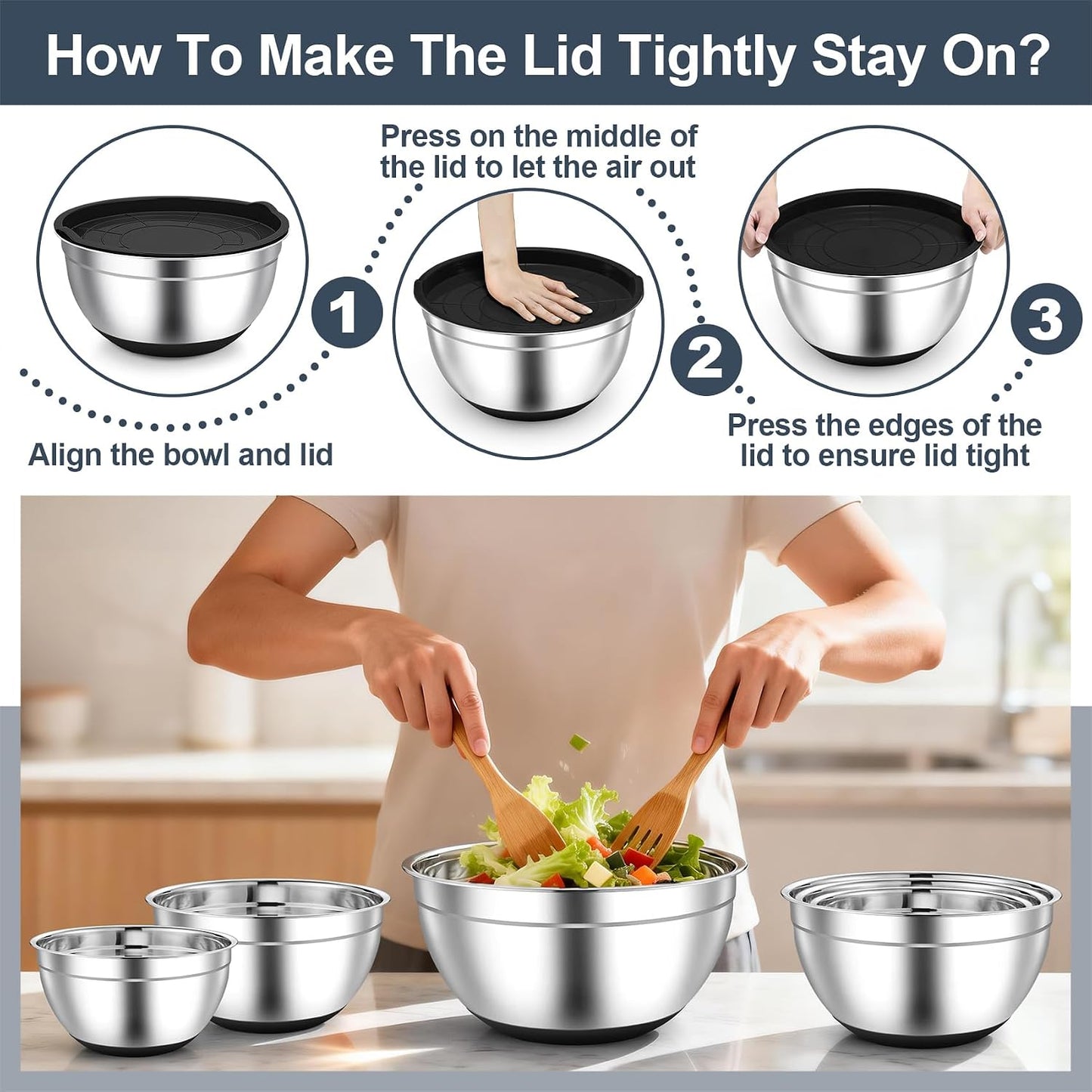 TeamFar Mixing Bowls, Stainless Steel Salad Bowls with Lids - Black | Nesting Bowls with Non-slip Bottom, for Kitchen Baking Preparing Serving, Stackable &amp; 6PCS - 4.6 /2.6 /2 / 1.5 /1 / 0.7 Qt
