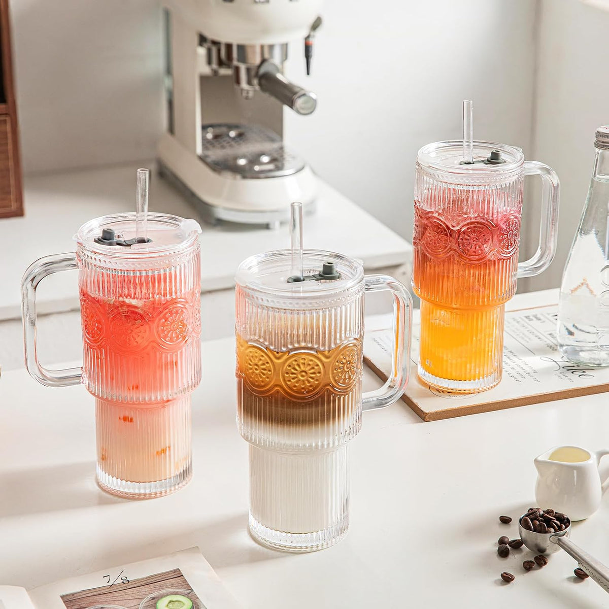 INSETLAN 24 oz Ribbed &amp; Floral Glass Tumblers with Handle, Set of 2 Cups | Iced Coffee Cups with Lids and Straws, Reusable Glass Mugs for Water, Smoothie, Tea, and Juice – Ideal for Daily Use &amp; Travel