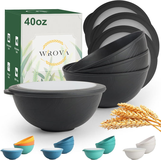 40oz wheat straw bowls set of 4,unbreakable ramen bowl set with cover,alternative plastic bowls with cover for