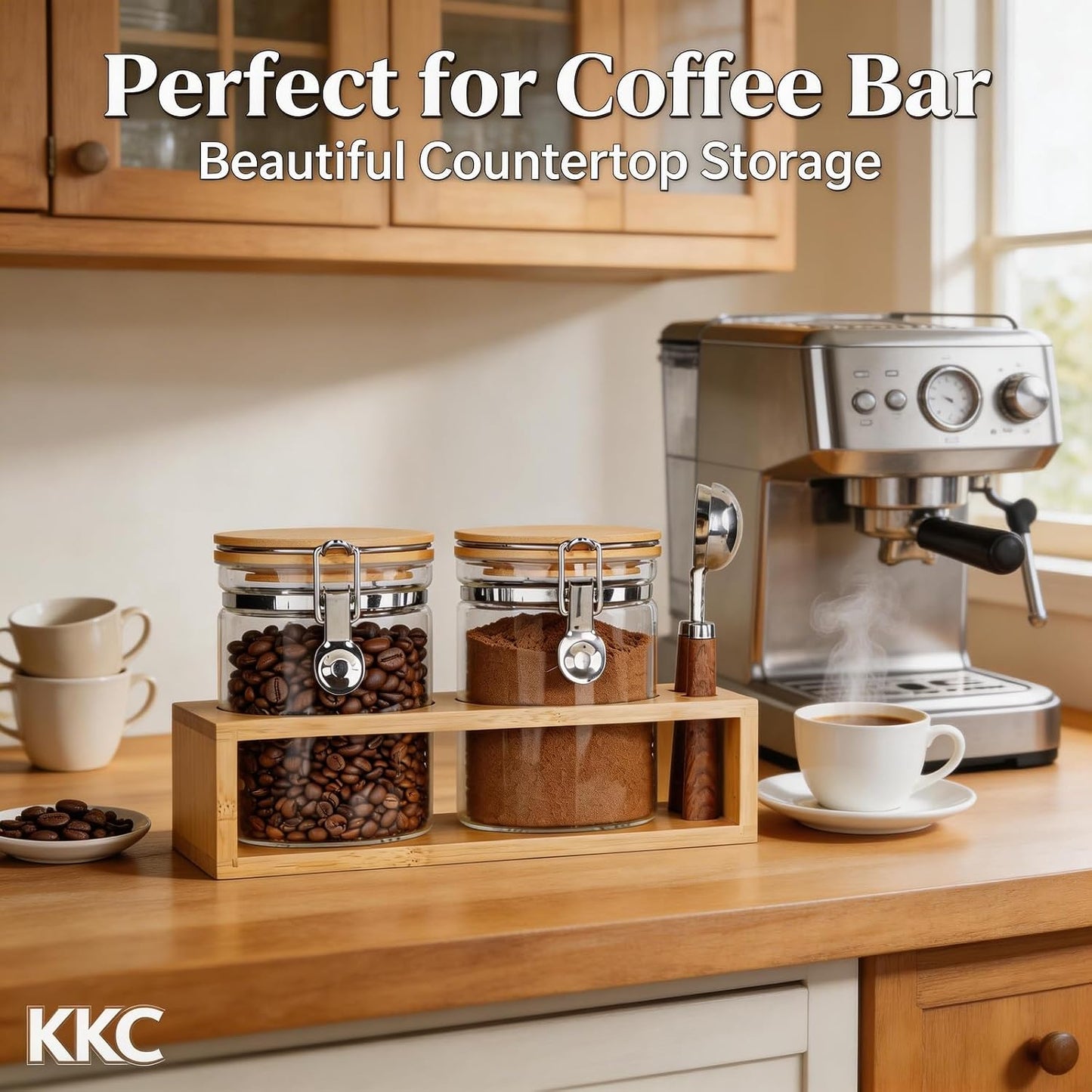 KKC Airtight Coffee Canister Set of 2 with Scoops &amp; Bamboo Lids | 27oz Glass Coffee Jar for Ground Coffee &amp; Beans | Clear Storage Container for Kitchen &amp; Coffee Bar Accessories, Keeps Coffee Fresh