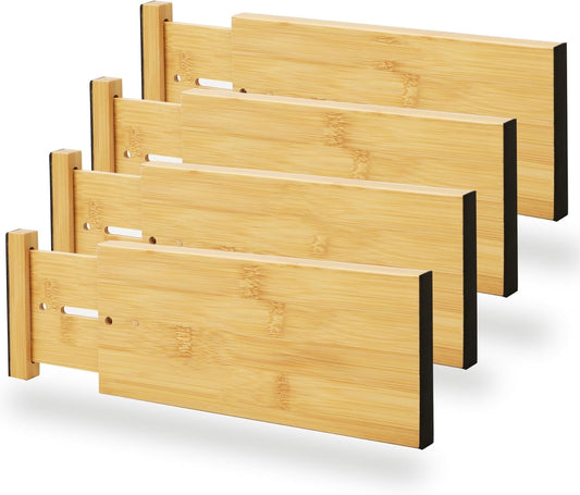 BAMEOS 4" High Bamboo Drawer Dividers - Adjustable Small Drawer Organizer - Kitchen, Dresser, Bathroom, Bedroom & Office -