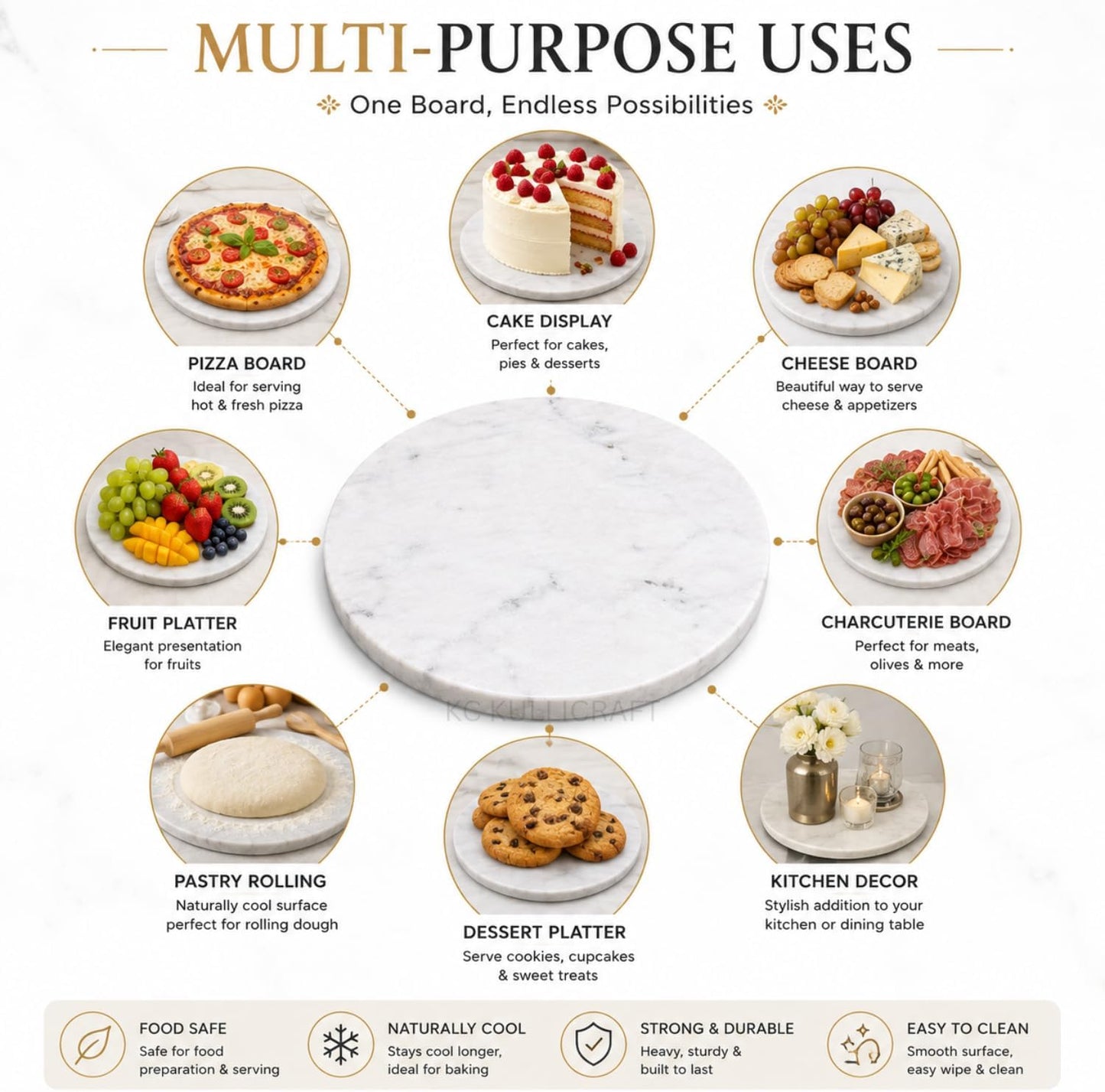 11-Inch Round Marble Cheese Cutting Board, White | Solid Natural Stone, Cutting Board &amp; Charcuterie Serving Tray, Non-Slip Feet, 0.5" Thick, Easy to Clean