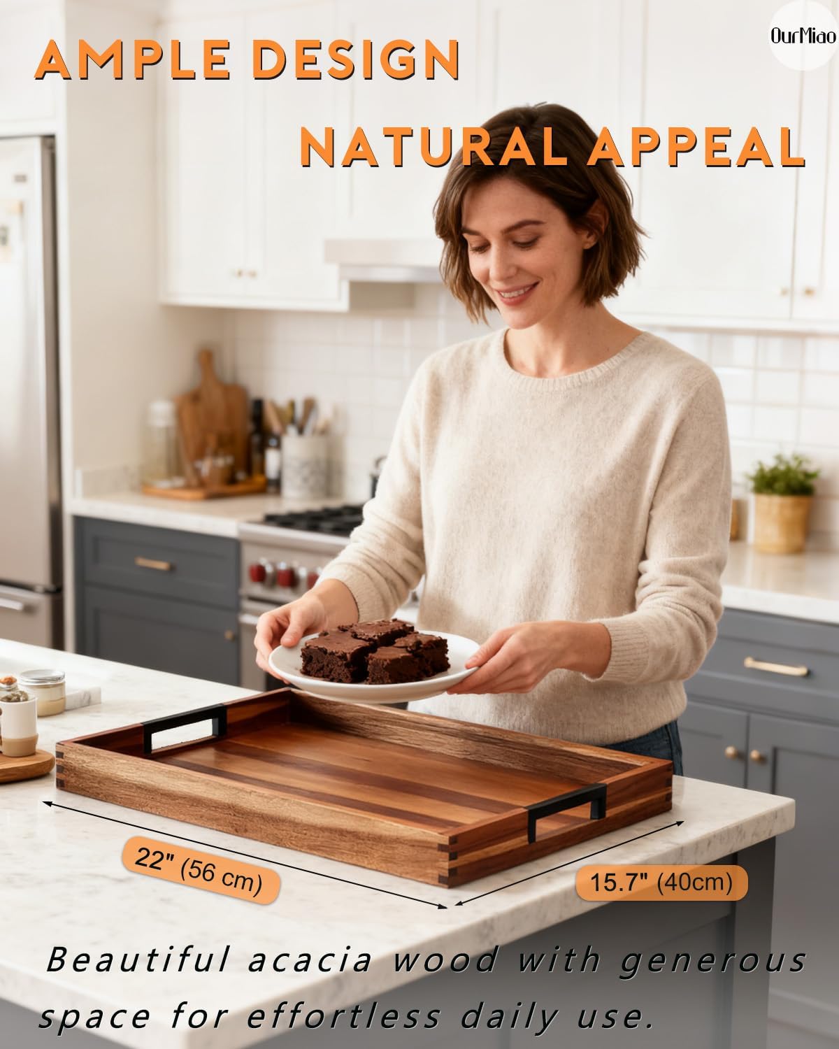 22-in Acacia Wooden Serving Tray with Black Metal Handles | Large Decorative Wooden Tray for Living Room Kitchen Coffee Table Couch Bed