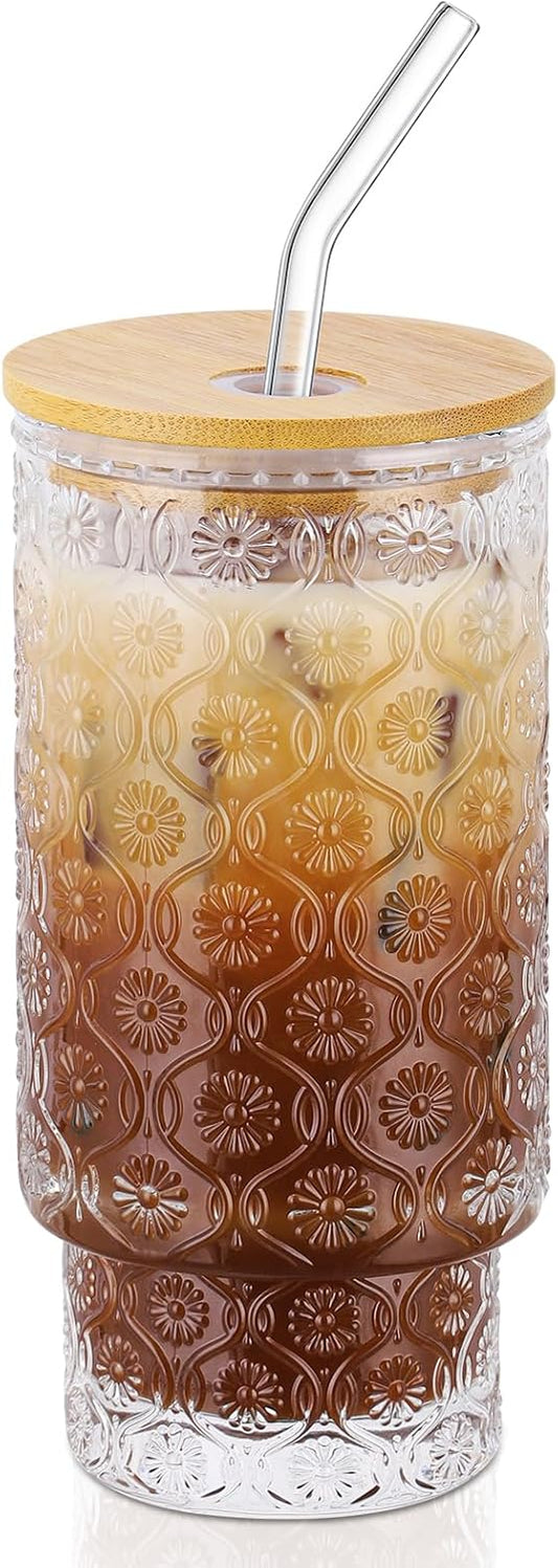 16 Oz Glass Cups with Lid and Straw, Vintage Embossed Floral Glass Tumbler, Iced Coffee Cups for Whiskey Cocktail Beer (1