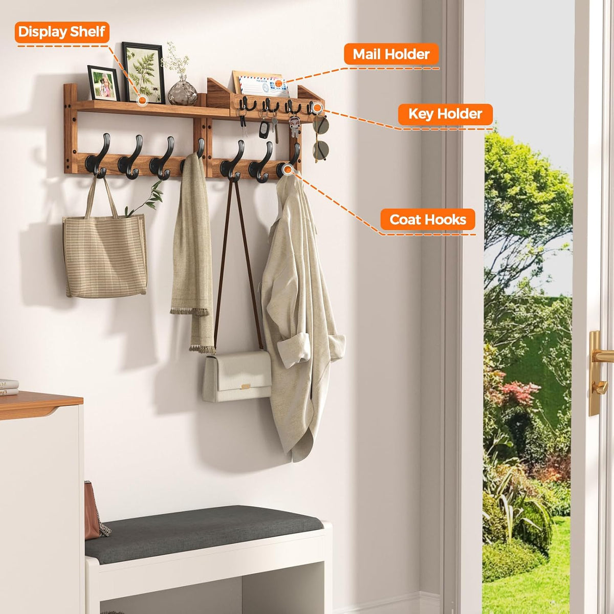 Evermagin 29" Coat Rack Wall Mount with Shelf &amp; 11 Hooks, Entryway, Brown