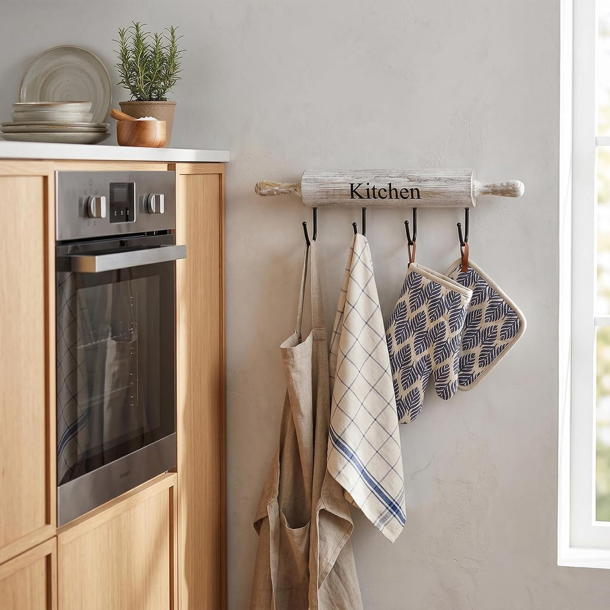 MyGift White Washed Wood Kitchen Utensil Rack with 4 Hooks