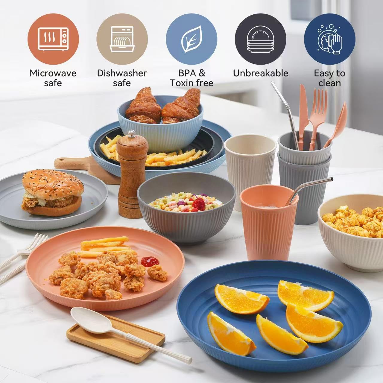 Wheat Straw Dinnerware Sets,64-Piece Plates and Bowls Sets for 8-Unbreakable,Reusable Plastic Dish Set-Dinner Plate/Dess