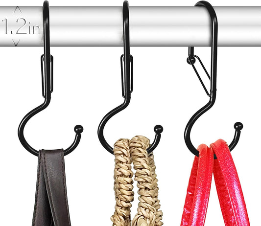 6 Purse Hanger for Closet. Tote Hanger. S-Shaped Hooks S Hooks Twist Design. Anti Drop S-Shaped Hook for Hanging Handbags with Safety Buckle to Prevent Falls. Heavy Duty. (Black, Twisted)