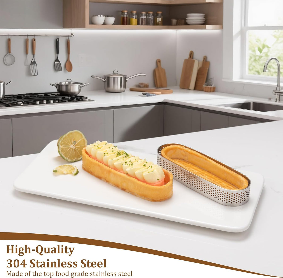 Oval Tart Ring 304 Stainless Steel 6pcs Thickened Perforated Pastry Cake Ring Mold for Baking Nonstick Fruit Tarte Crust Tools - 5 inch (13cm)