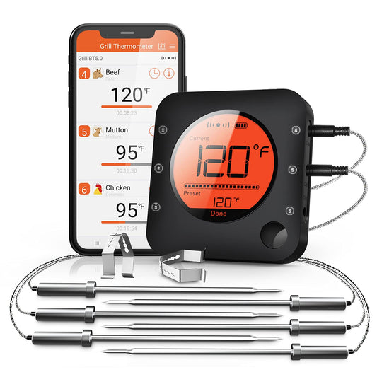 BFOUR Bluetooth Meat Thermometer Wireless Meat Thermometer, Wireless Digital Grill Thermometer with 6 Temperature Probes,