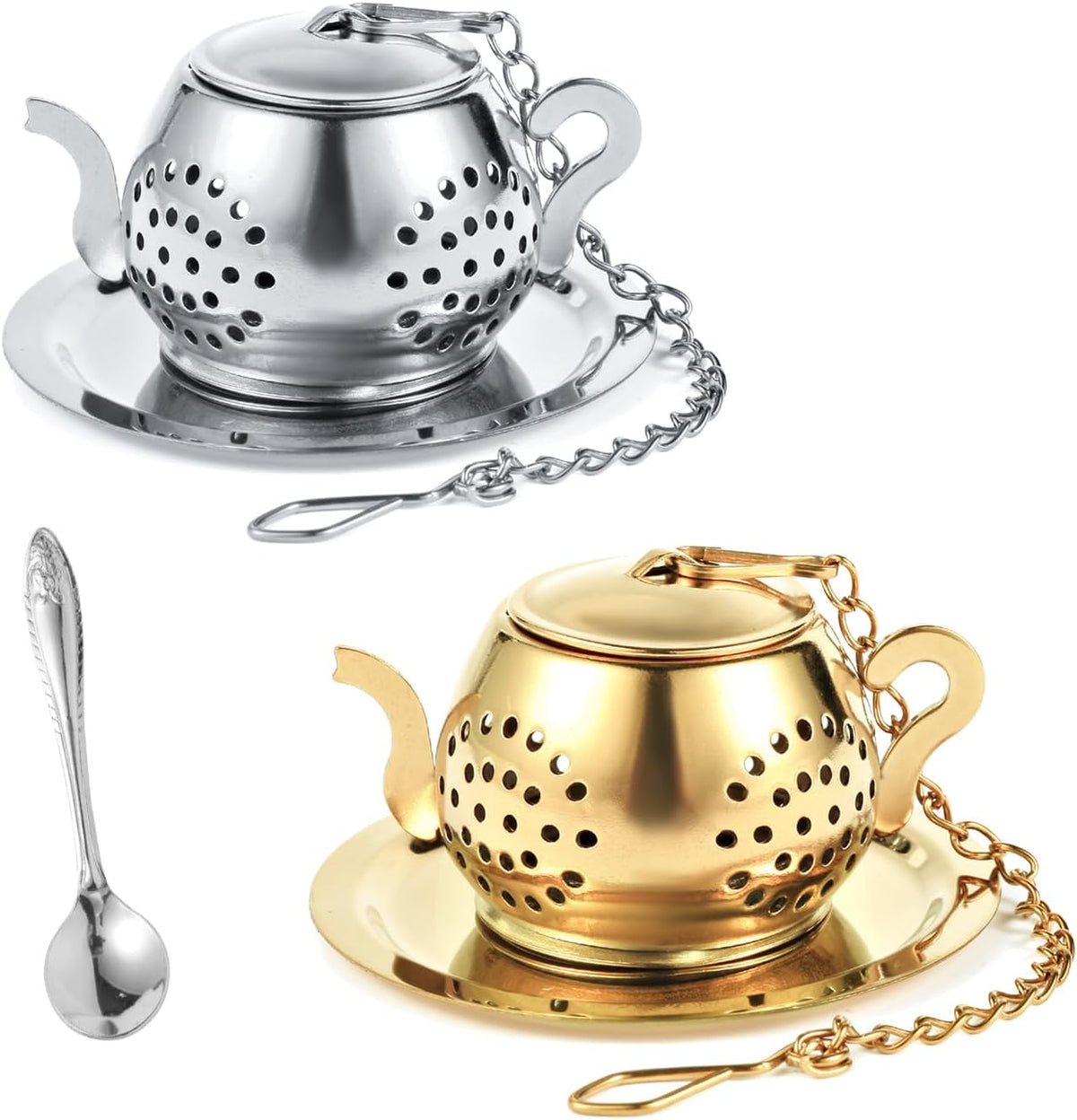 2 Pack Tea Infusers with Spoon, Loose Leaf Tea Strainer, Teapot Design | Cute Teapot Design, 304 Stainless Steel, Spoon Included for Loose Leaf Tea and Tea Lover Gifts
