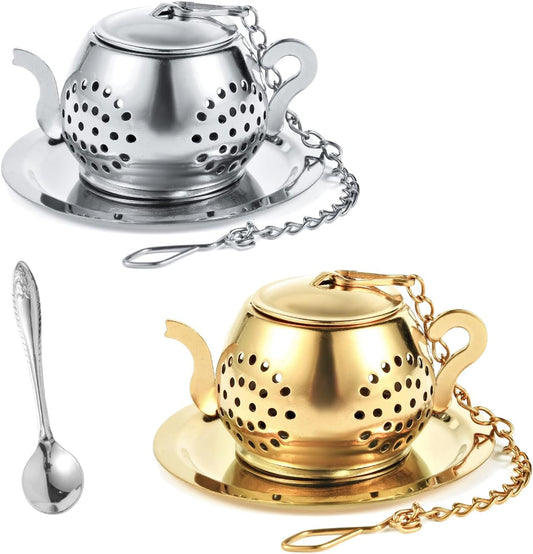 2 Pack Tea Infusers with Spoon, Loose Leaf Tea Strainer, Teapot Design | Cute Teapot Design, 304 Stainless Steel, Spoon Included for Loose Leaf Tea and Tea Lover Gifts