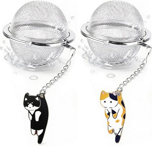 Cat Tea Infuser, 2 Pcs Cute Tea Diffuser Stainless Steel Mesh Loose Leaf Tea Infusers Tea Ball Strainers with Cat Pendants (Black&amp;Orange Cats)