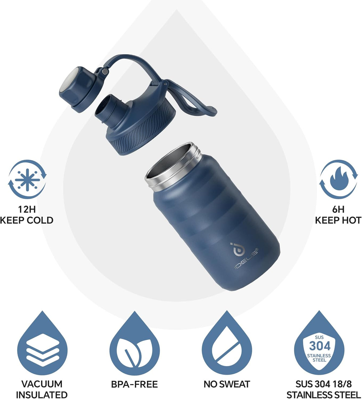 IDEUS Insulated Water Bottle 12oz, Stainless Steel | Vacuum Double Wall, With Straws Leakproof, For Boys And Girls, With 2 Lids, BPA Free