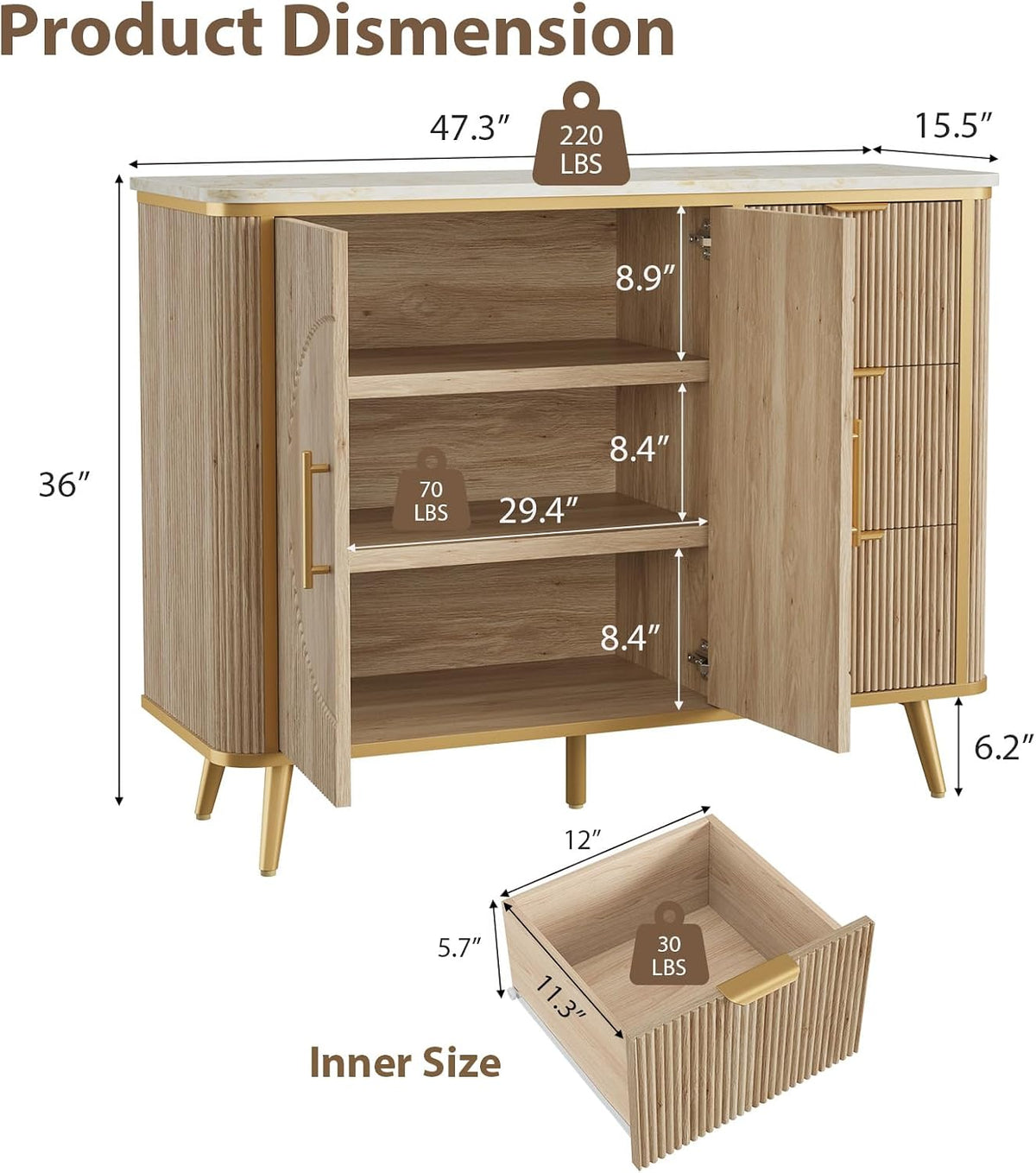 47.3" Modern Buffet Cabinet with Storage, Kitchen Sideboard Buffet with 2 Door &amp; 3 Drawers, Fluted Caffee Bar Storage Cabinet for Dining Room, Living Room, Entryway, Natural Oak