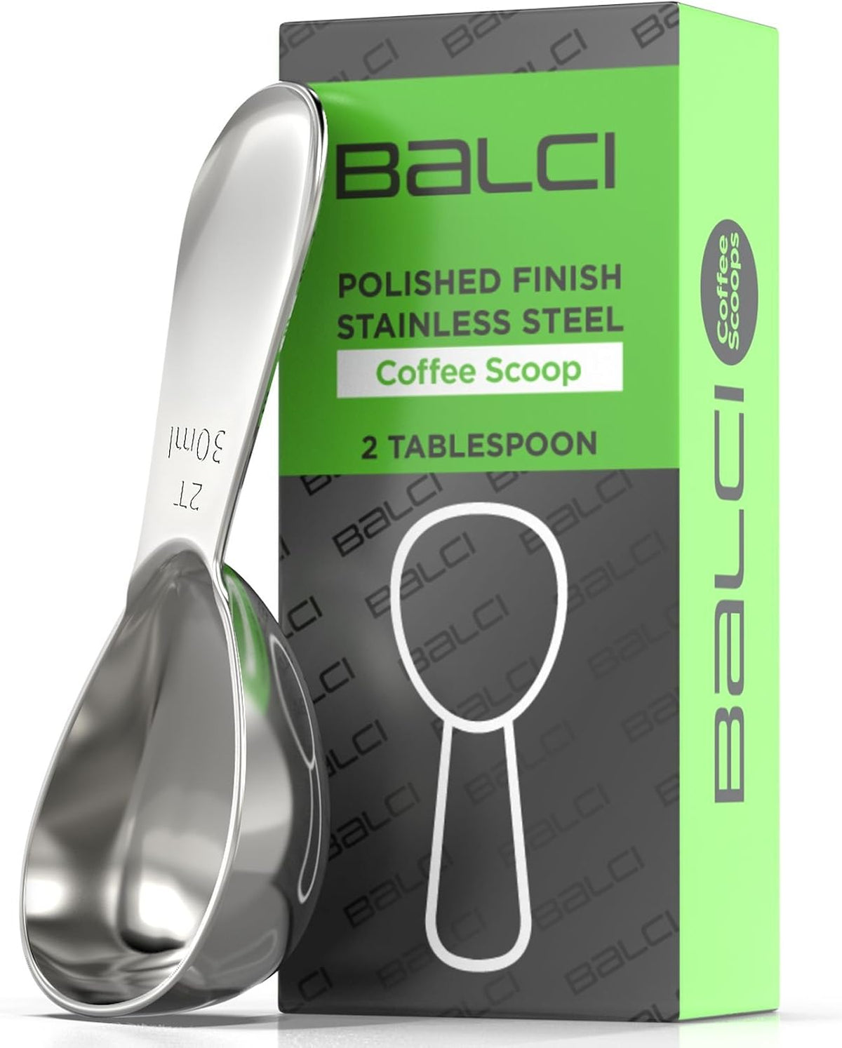 BALCI Stainless Steel Coffee Scoop - 2 Tablespoon (30ml) | Heavy duty exact measuring spoon for coffee, tea, sugar, flour &amp; more. Premium 18/8 stainless steel construction.