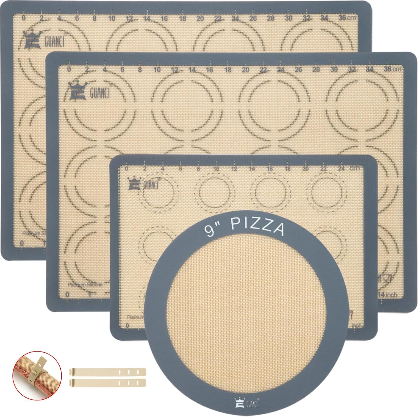 Silicone Baking Mat Set of 4, 2 Medium 16.5"x11.6", 1 Small 11.8"x8.4", 1 Piece 9" Round, All Mats 0.7mm Thick, Food Grade Non-Stick Reusable Baking Mats for Pizza, Bread, Pastry, Macarons