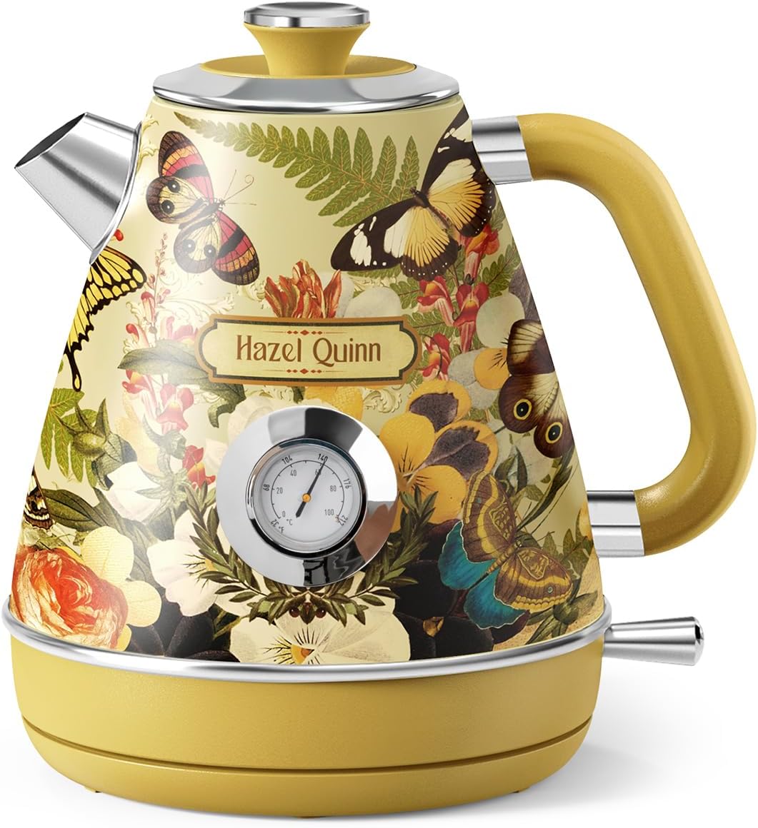Hazel Quinn X Eduardo Recife Retro Electric Kettle with Thermometer, Floral | 1200W Fast Water Boiling, 1.7L/57oz, All 304 Stainless Steel Interior, BPA-Free, Auto Shut-Off, Cordless Retro Teapot, Home