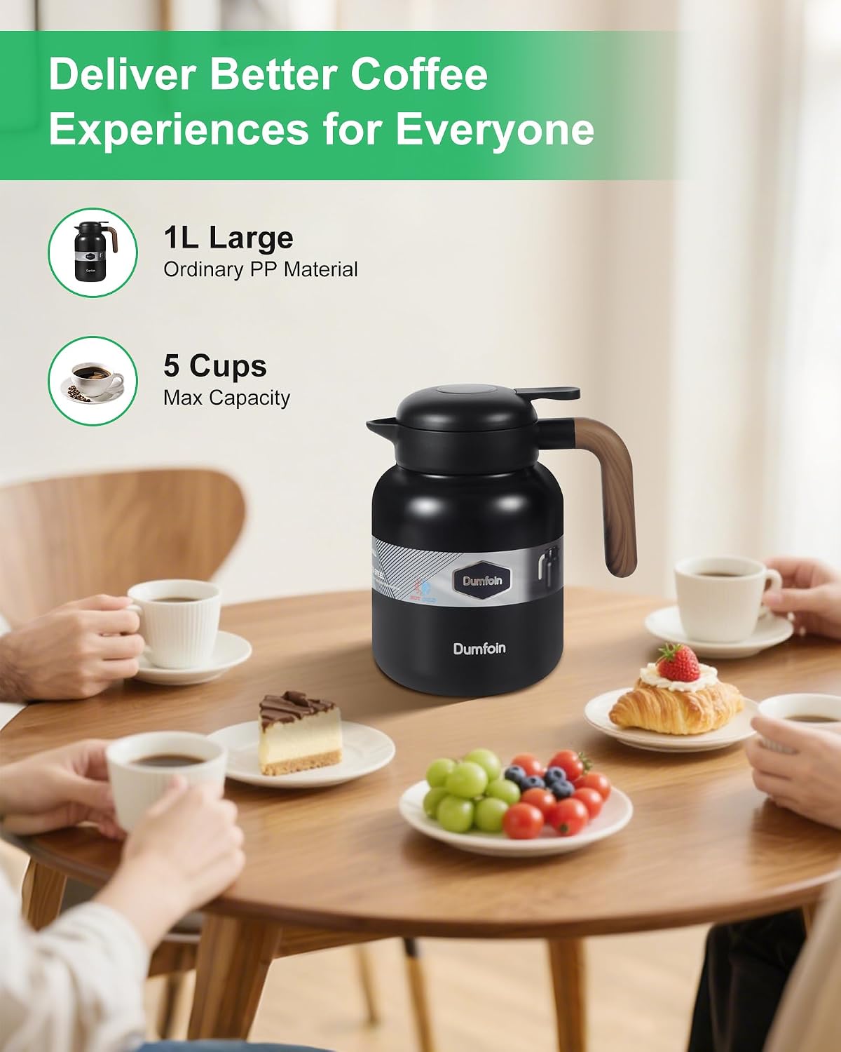 45 Oz Thermal Coffee Carafe, Stainless Steel Insulated Vacuum Coffee Carafes For Keeping Hot, 1.3 Liter Beverage Dispenser (Black)