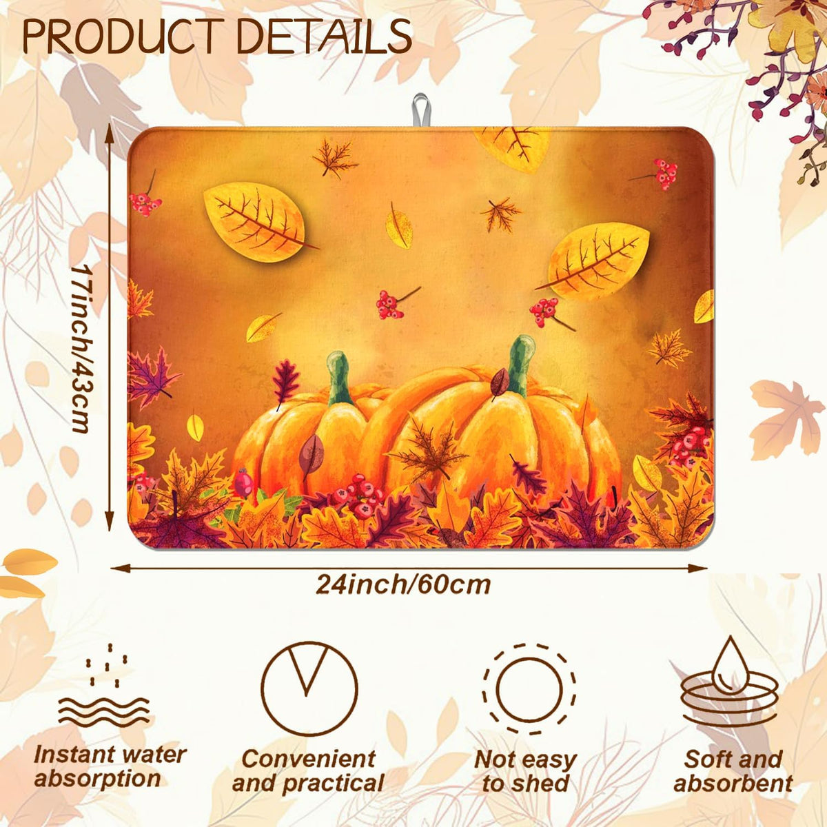 Harvest Pumpkin Maple Leaf Dish Drying Mat for Kitchen Counter, Absorbent Drying Mat with Autumn Fall Leaves, Kitchen Countertop Protector, Farmhouse Coffee Bar Decor, 18 x 24 Inch