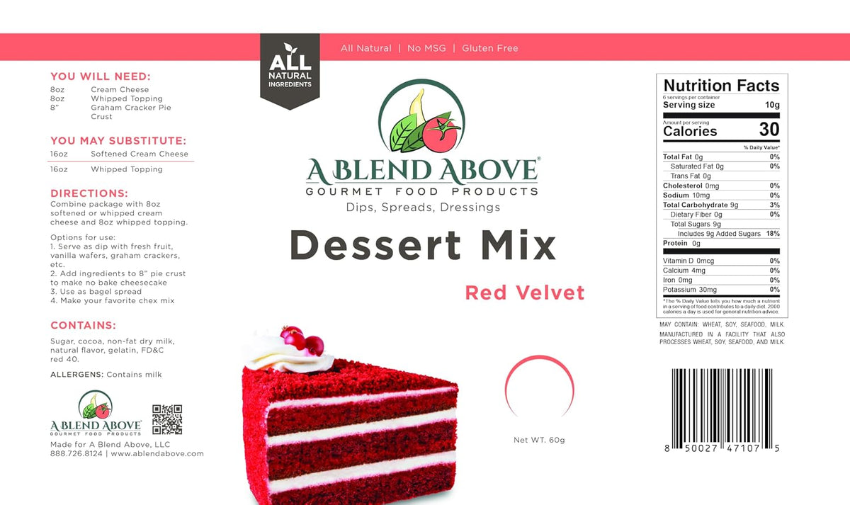 A Blend Above Red Velvet Cake Mix - No-Bake Desserts, All Natural, Gluten Free, No MSG - Instant Dessert Mix, Fruit Dip, Bagel Topping, Frosting, Cheesecake Filling - Makes 16 Oz (Pack of 3)