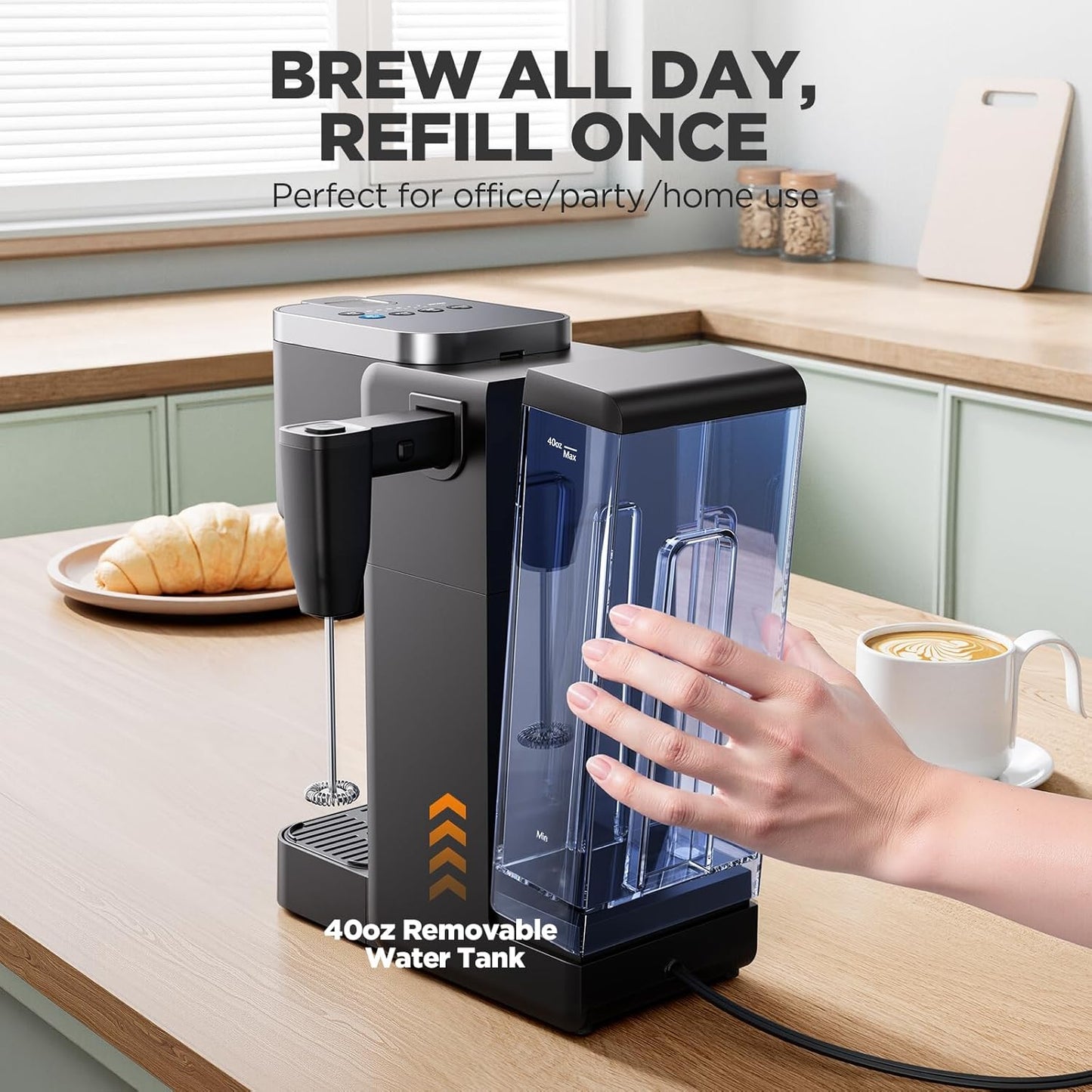 Tastyle Single Serve Coffee Maker with Built-in Detachable Milk Frother | For K Cups &amp; Grounds, 40oz Removable Water Tank, 6 Brew Sizes, 2 Drip Trays, BPA Free, Fits 7.3" Travel Mug, K330MF, Black