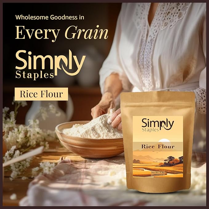 Simply Staples White Rice Flour, 2 lb, Freshly Milled, Fine-Ground Gluten-Free Flour for Cooking, Baking & Thickening, Unbleached, Non-GMO, All-Purpose Flour, Alternative to Brown & Sweet Rice Flour