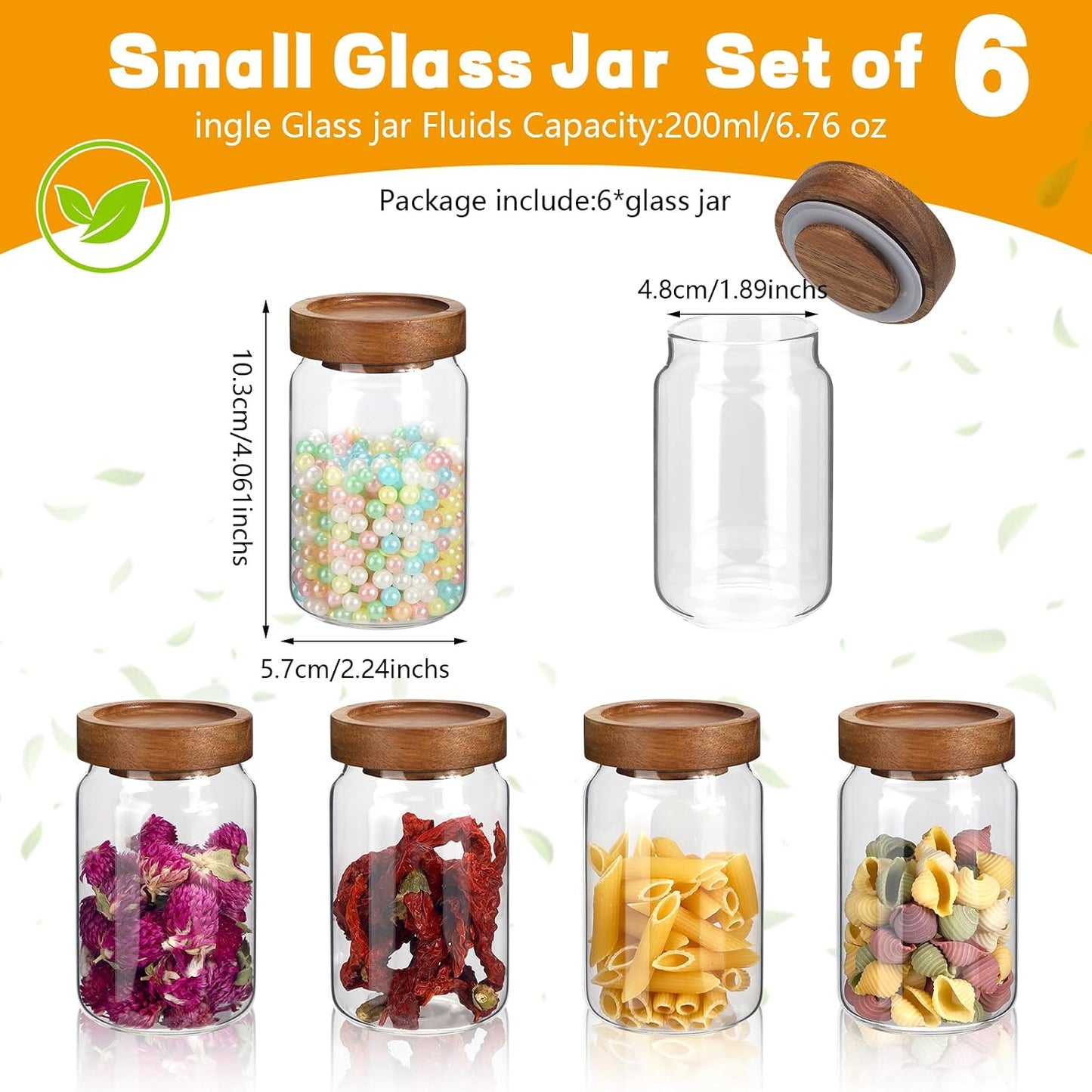 6oz Small Glass Jars with Wood Lid Spice Jar Round Food Storage Canister Clear Glass Containers Jar for Ground Seasoning Pantry Sugar Tea Coffee Bean Spice Herb Cookies(6 * 200ml(6.76oz))