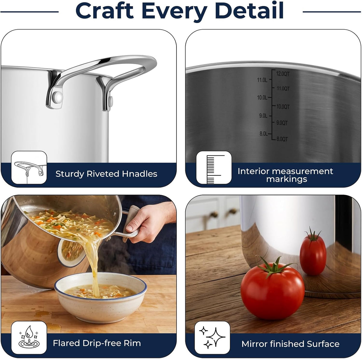E-far 12-Quart Stock Pot, 18/10 Stainless Steel Stockpot with Lid for Cooking Simmering Soup Stew, Heavy Duty Cookware Works w/Induction, Non-toxic & Corrosion Resistant, Dishwasher Safe