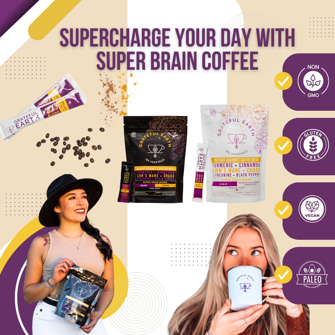 Grateful Earth Instant Espresso Coffee With Lion's Mane, 20 Packets | Turmeric, Chaga, L-Theanine, Dark Roast, Non GMO, Focus, Energy, Immune Support &amp; Gut Health, Dairy &amp; Gluten Free
