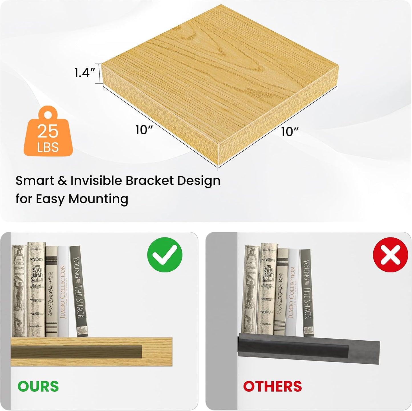 FLYJOE Square Floating Shelves for Wall, 10" W x 10" D x 1.4" H, Small Wooden Wall Mounted Display Shelves with Invisible Brackets for Living Room, Bedroom, Bathroom, Kitchen Decor, Set of 4, Oak